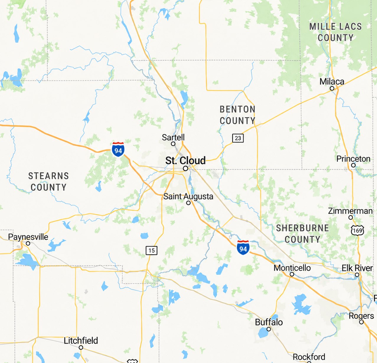 Map of the Central Minnesota service area around St. Cloud, from Sartell and St. Augusta to Monticello and Elk River